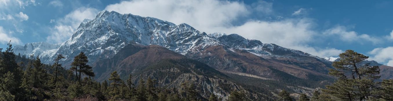 Panorama of mountains trekking Annapurna circuit, Marshyangdi river valley, Humde, Himalaya, Nepal, Asia