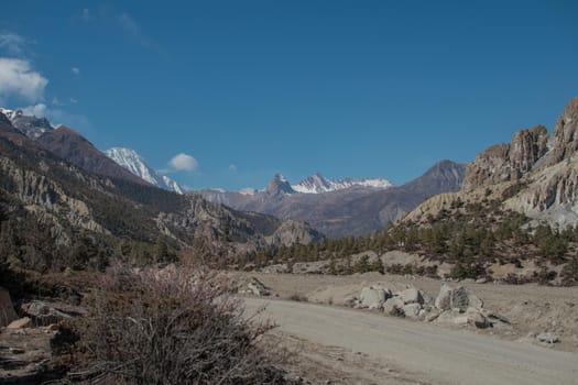 Mountains trekking Annapurna circuit, Marshyangdi river valley, Himalaya, Nepal, Asia