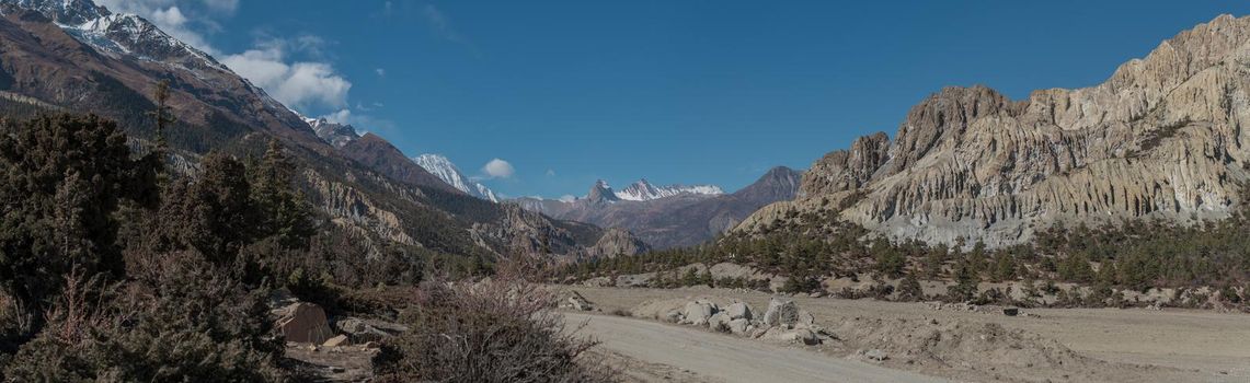 Panorama of mountains trekking Annapurna circuit, Marshyangdi river valley,Himalaya, Nepal, Asia