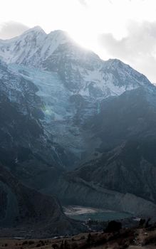 Panorama of mountain glacier over Manang village, trekking Annapurna circuit, Himalaya, Nepal