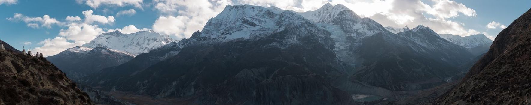 Panorama of mountains surounding Manang village, trekking Annapurna circuit, Nepal