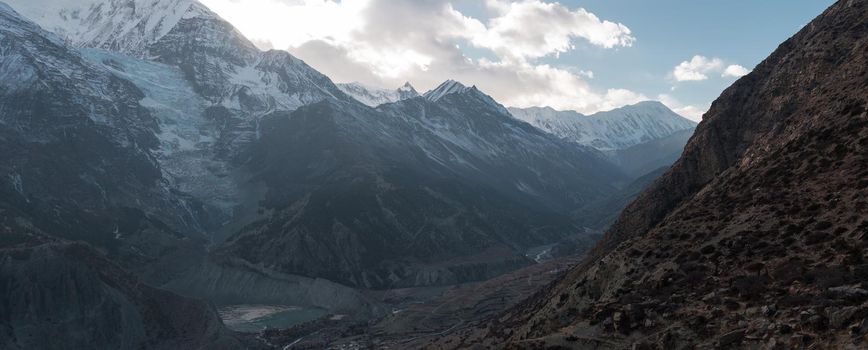 Panorama of mountain glacier over Manang village, trekking Annapurna circuit, Himalaya, Nepal