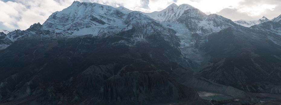 Panorama of mountain glacier over Manang village, trekking Annapurna circuit, Himalaya, Nepal