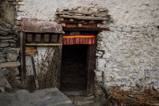 Entrance Praken Gompa over Manang village, trekking Annapurna circuit, Himalaya, Nepal