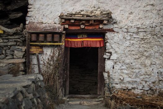 Entrance Praken Gompa over Manang village, trekking Annapurna circuit, Himalaya, Nepal