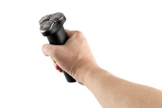 bare caucasican hand holding three razor head black electric shaver - isolated.