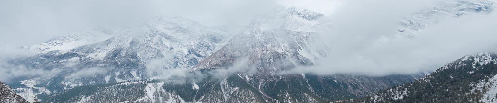 Panorama of snowy himalayan mountains by Ledar village, trekking Annapurna circuit, Nepal, Asia