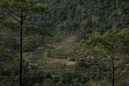 View over huts and terraced rice fields at Annapurna circuit in Nepal