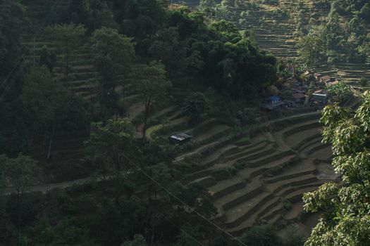 View over huts and terraced rice fields at Annapurna circuit in Nepal