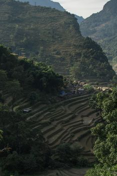 View over huts and terraced rice fields at Annapurna circuit in Nepal
