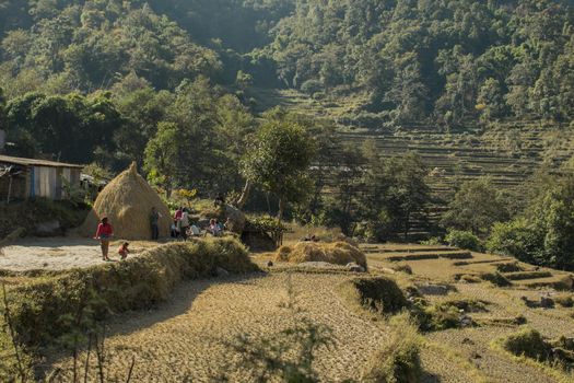 Family at a rural farm in the nepalese mountains, Annapurna circuit