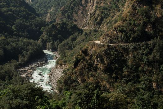 Beautiful Marshyangdi river flowing through the himalayan mountains at Annapurna circuit, Nepal