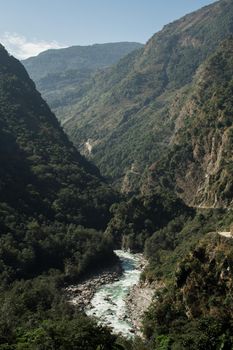 Beautiful Marshyangdi river flowing through the himalayan mountains at Annapurna circuit, Nepal