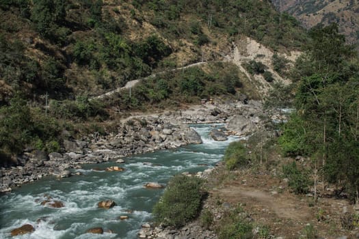 Beautiful Marshyangdi river flowing through the himalayan mountains at Annapurna circuit, Nepal