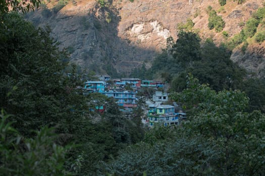 Overlooking Jagat, colorful mountain village in Marshyangdi river valley, Annapurna circuit, Nepal