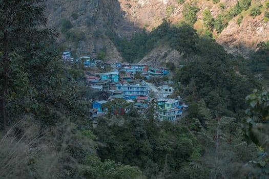 Overlooking Jagat, colorful mountain village in Marshyangdi river valley, Annapurna circuit, Nepal