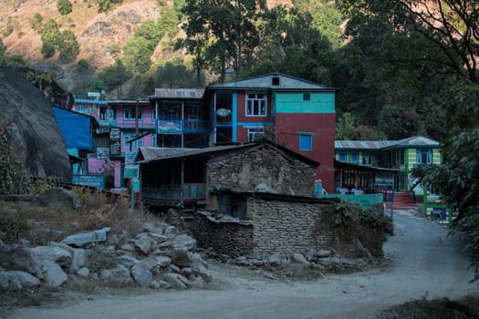 Arriving at colorful Jagat mountain village in Marshyangdi river valley, Annapurna circuit, Nepal