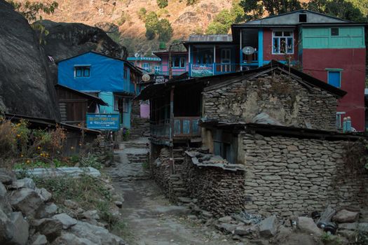 Arriving at colorful Jagat mountain village in Marshyangdi river valley, Annapurna circuit, Nepal