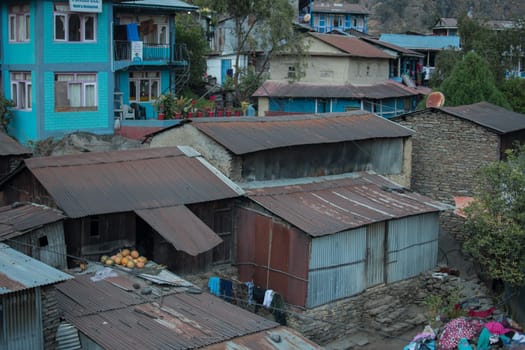 Colorful Jagat mountain village in Marshyangdi river valley, Annapurna circuit, Nepal