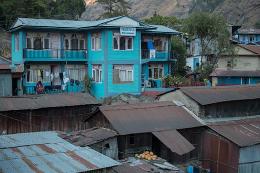 Colorful Jagat mountain village in Marshyangdi river valley, Annapurna circuit, Nepal