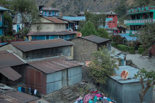 Colorful Jagat mountain village in Marshyangdi river valley, Annapurna circuit, Nepal