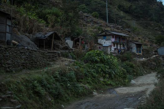 Beatiful mountain village by a dirt road, Annapurna circuit, Nepal