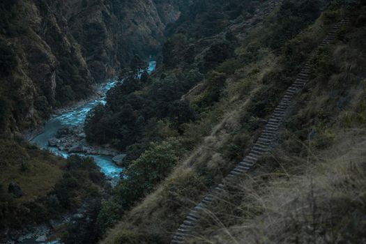 Beautiful Marshyangdi river flowing through a canyon valley, Annapurna circuit, Nepal