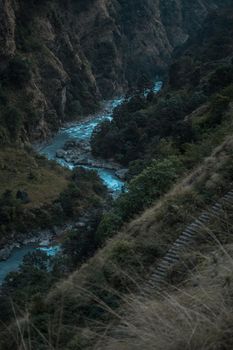 Beautiful Marshyangdi river flowing through a canyon valley, Annapurna circuit, Nepal