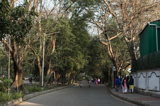 Kolkata, India - February 1, 2020: Several unidentified people walks through Minhaj Gardan park on February 1, 2020 in Kolkata, India