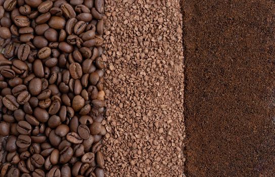 Background of roasted coffee beans, granulated chicory and ground coffee. Background of coffee beans and coffee powder.