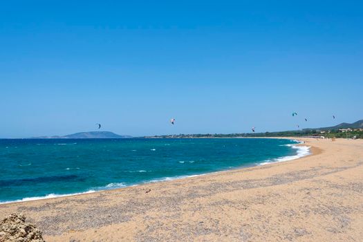 The famous Romanos Beach located near Romanos coastal village and close to the famous Luxury Resort Costa Navarino, a top tourist destination in Messenia Peloponnese, Greece