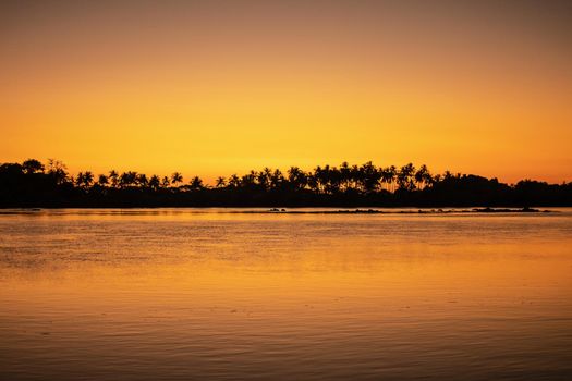 A bright orange sunset sky reflecting in the calm ocean with palm tree silhouettes in the background, Ngwesaung, Irrawaddy, western Myanmar