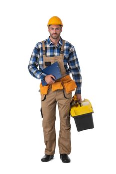 Contractor worker in coveralls and hardhat with toolbox and document folder isolated on white background, full length portrait