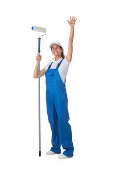 Female house painter with paint roller raised arms isolated on white background full length studio portrait