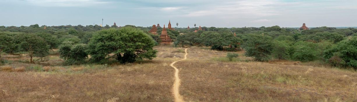BAGAN, NYAUNG-U, MYANMAR - 2 JANUARY 2020: A dirt rail leading towards the historical buddhist temples in the distance