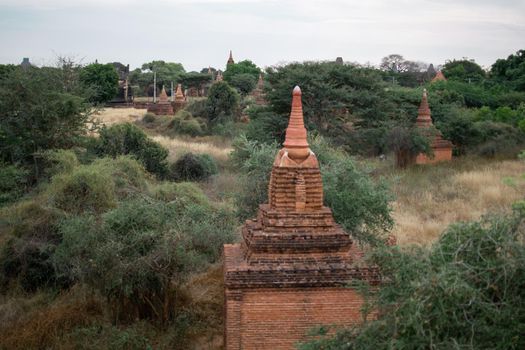 BAGAN, NYAUNG-U, MYANMAR - 2 JANUARY 2020: A few historical temples peaking up from the forest and dry fields