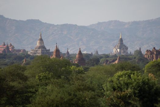 BAGAN, NYAUNG-U, MYANMAR - 3 JANUARY 2020: The top of old and historical temples peaking out above the tree vegetation in the distance