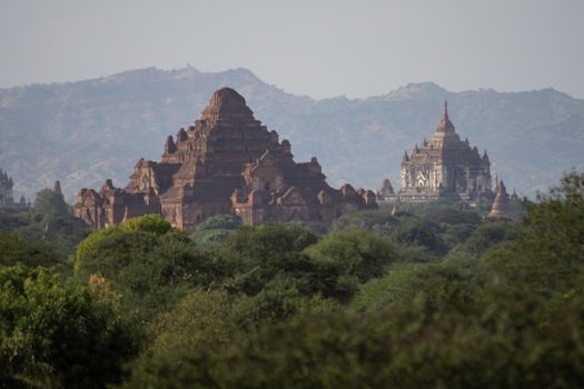 BAGAN, NYAUNG-U, MYANMAR - 3 JANUARY 2020: The top of old and historical temples peaking out above the tree vegetation in the distance