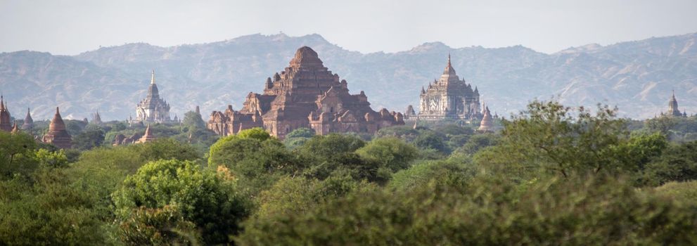 BAGAN, NYAUNG-U, MYANMAR - 3 JANUARY 2020: The top of old and historical temples peaking out above the tree vegetation in the distance