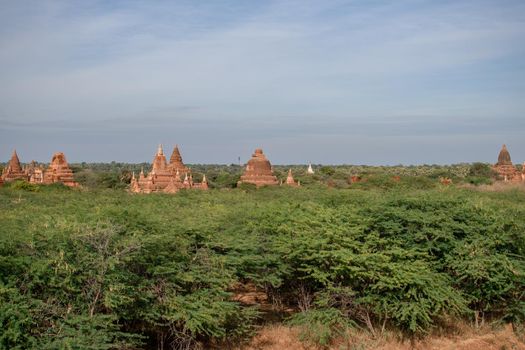 BAGAN, NYAUNG-U, MYANMAR - 3 JANUARY 2020: The top of old and historical temples peaking out above the tree vegetation in the distance