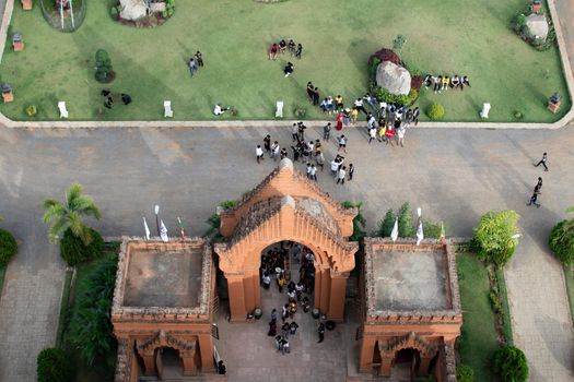 BAGAN, NYAUNG-U, MYANMAR - 3 JANUARY 2020: View of people visiting the Nan Myint viewing tower by the entrance from above