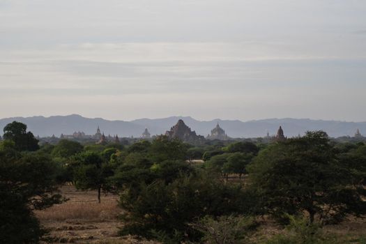 BAGAN, NYAUNG-U, MYANMAR - 3 JANUARY 2020: The top of old and historical temples peaking out above the tree vegetation in the distance