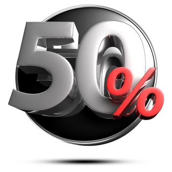 50 percent red 3D illustration on a white background with clipping path.