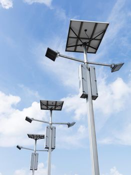 Outdoor solar cell LED flood light on blue sky