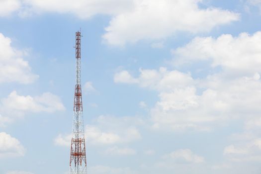 Antenna repeater on blue sky, cellular telecommunication transmitter, 4g or 5g mobile internet network