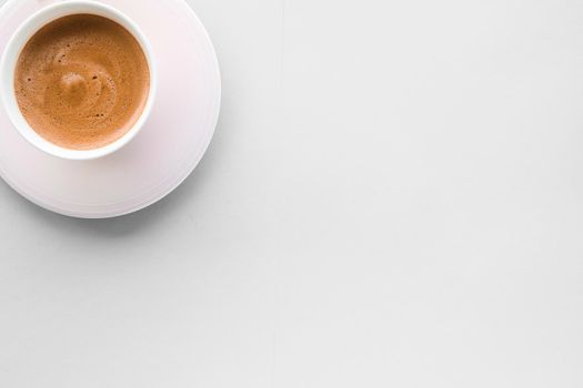 Drinks menu, italian espresso recipe and organic shop concept - Cup of hot french coffee as breakfast drink, flatlay cups on white background