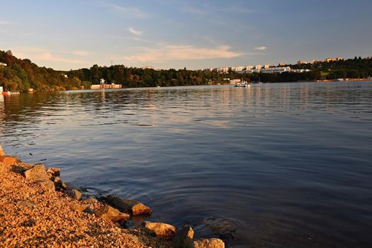 Brno dam. South Moravia. Czech Republic Europe. Recreational area of entertainment and sports. Beautiful countryside with nature, clear water and sunset.