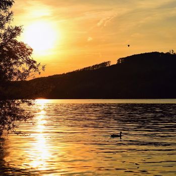 Brno dam. South Moravia. Czech Republic Europe. Recreational area of entertainment and sports. Beautiful countryside with nature, clear water and sunset.