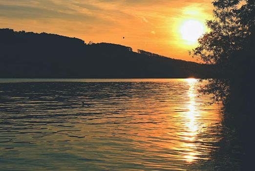 Brno dam. South Moravia. Czech Republic Europe. Recreational area of entertainment and sports. Beautiful countryside with nature, clear water and sunset.