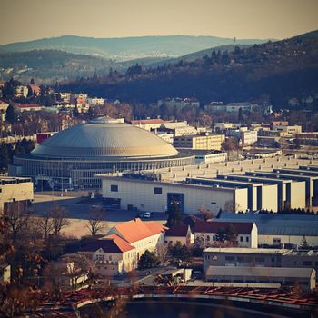 Czech republic, Brno Exhibitions Centre BVV - (BVV Fairs) on the cityscape taken from the hill. Europe. 